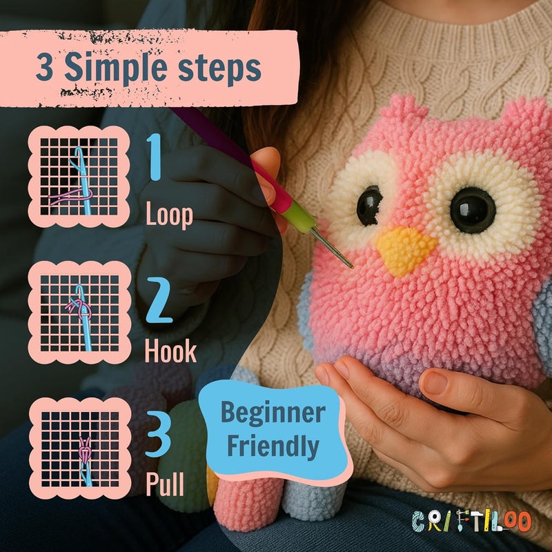 CRAFTILOO Latch Hook Kit for Kids Rug DIY Pillow Craft with Hook, Precut Yarn, Easy to Follow Pattern Cute Designs with Wise Owl Ages 6+ - Image 4